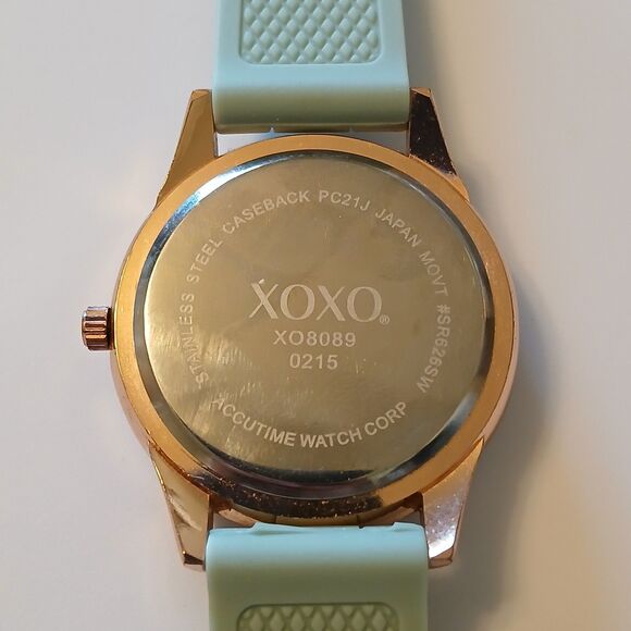 XOXO Women's Rhinestone Accented Rose Gold Watch With Green Silicone Strap - Picture 3 of 14